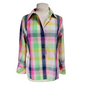 FOXCRAFT Womens Wrinkle Free Fitted Button Up Top Size 16 Long Sleeve Plaid 104P
